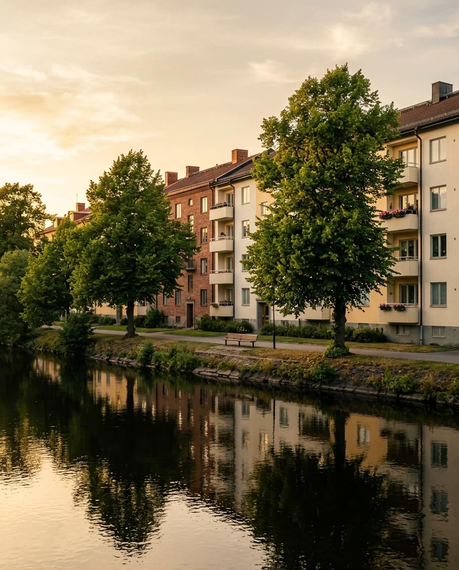 Bostadshus i Örebro i varma fasadtoner längs en lugn å med gångväg och lövträd i sommareftermiddagsljus