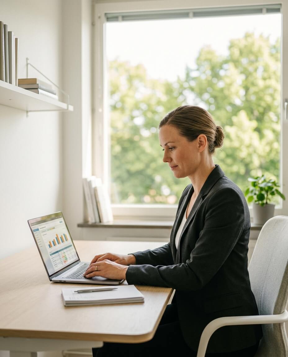 Ekonom i blazer arbetar vid laptop med finansiellt program i ett ljust kontor med fönster mot grönska