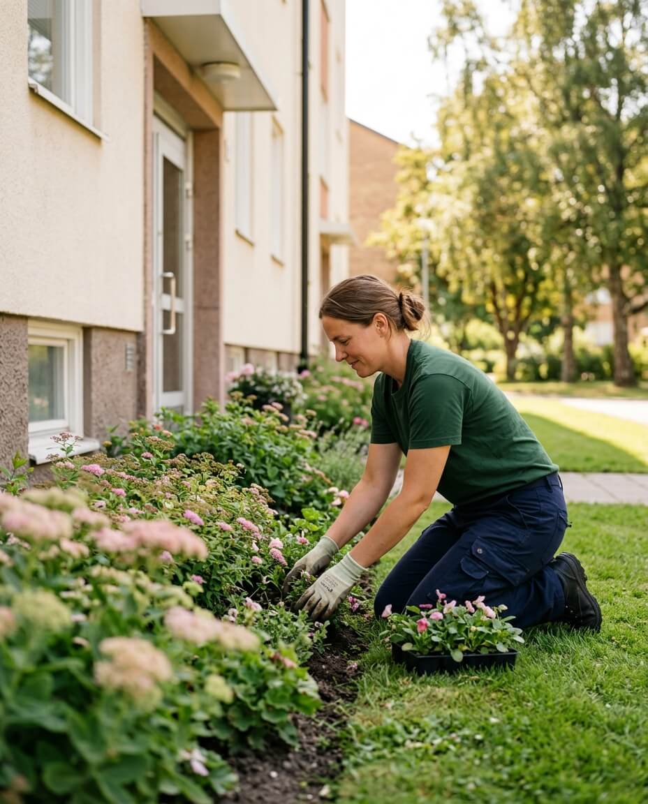 Fastighetsskötare i Örebro planterar i rabatt längs fasaden på ett flerbostadshus en sommardag