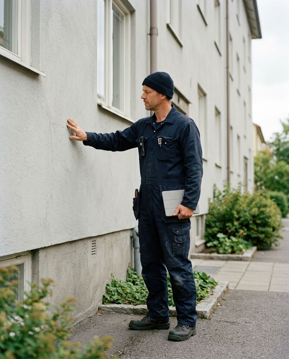 Fastighetstekniker undersöker putsfasad på en bostadsrättsförening i Örebro med handen på väggen och surfplatta i andra handen