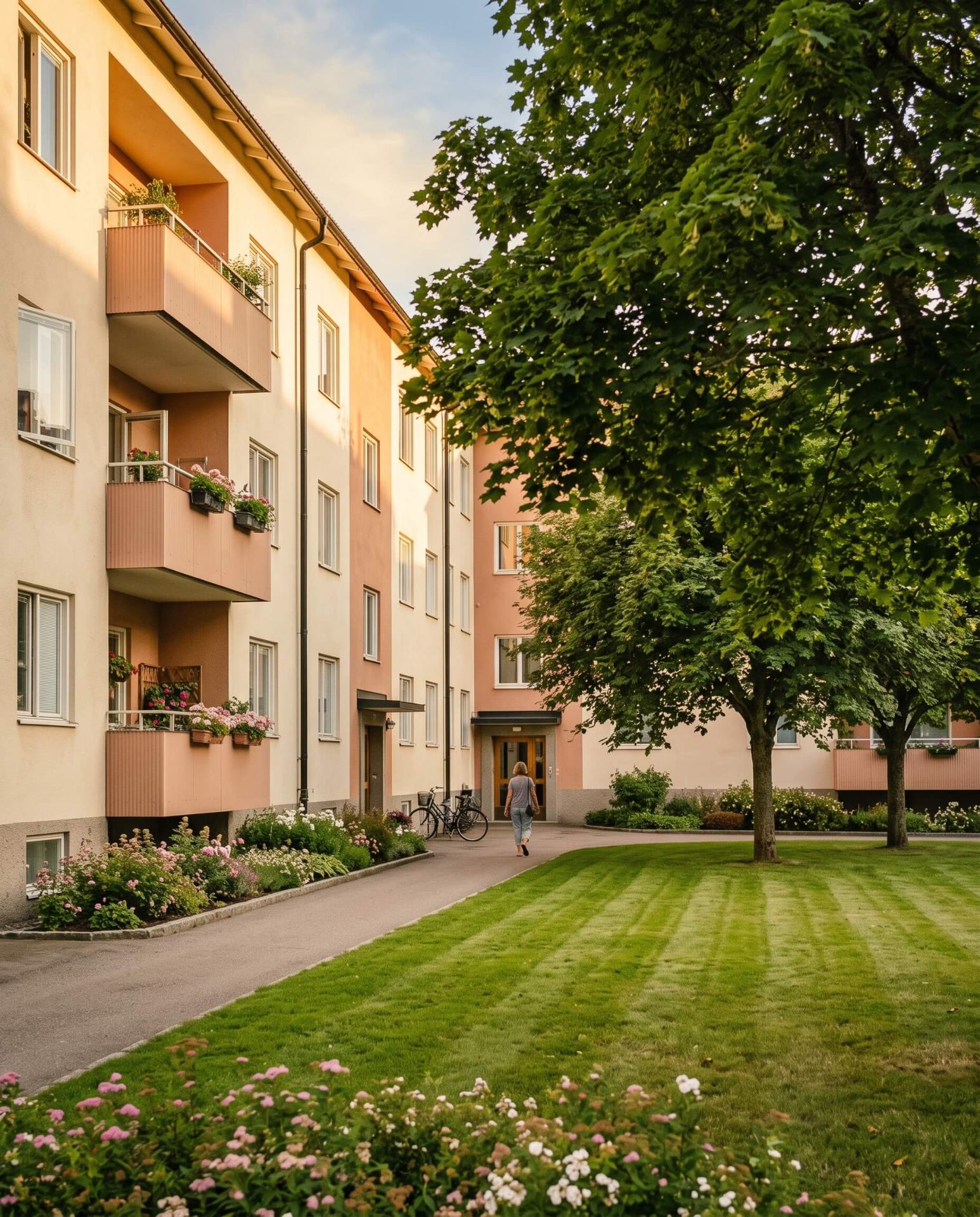 Grön sommarinnergård framför välskött flerbostadshus med björkar, nyklippt gräs och rabatter i kvällsljus i Örebro.